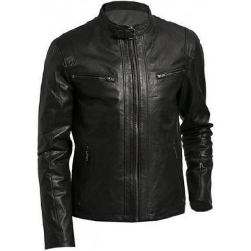 Vogo- Biker Mens Real Lambskin Leather Jacket With Buckle Strap Collar